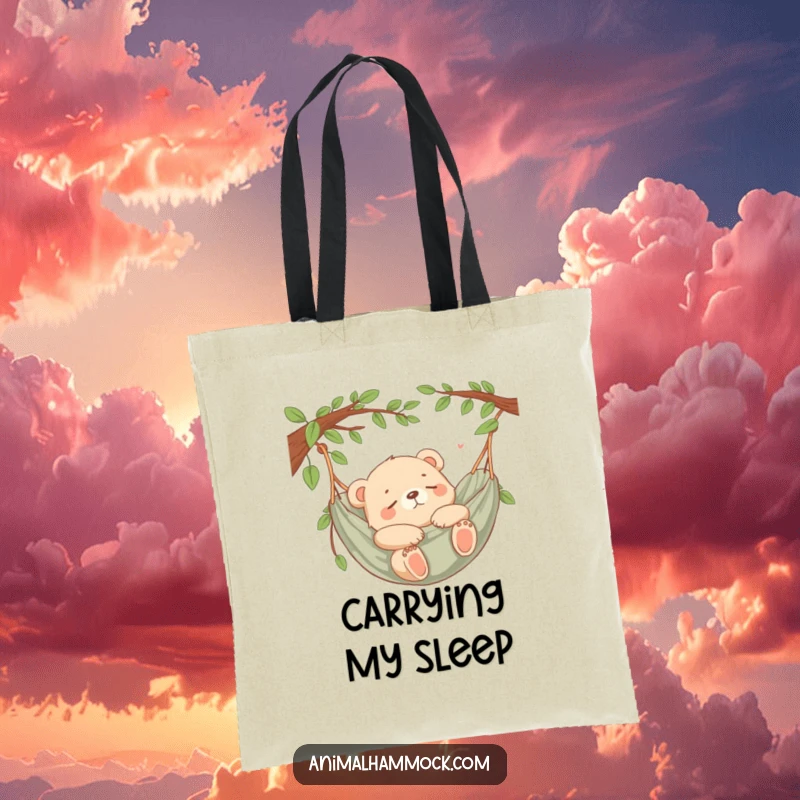Funny Bear Cub Nap Tote Bag designed with a peaceful bear cub napping in a hammock, perfect for errands and a touch of humor.