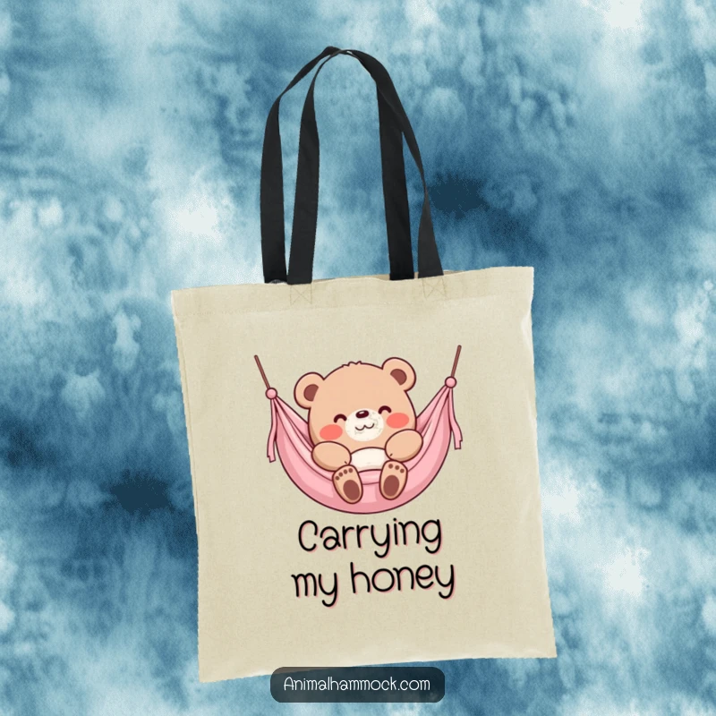 Funny Bear Tote Bag, a content bear character sinking into a plush hammock with a smile, ready for shopping.
