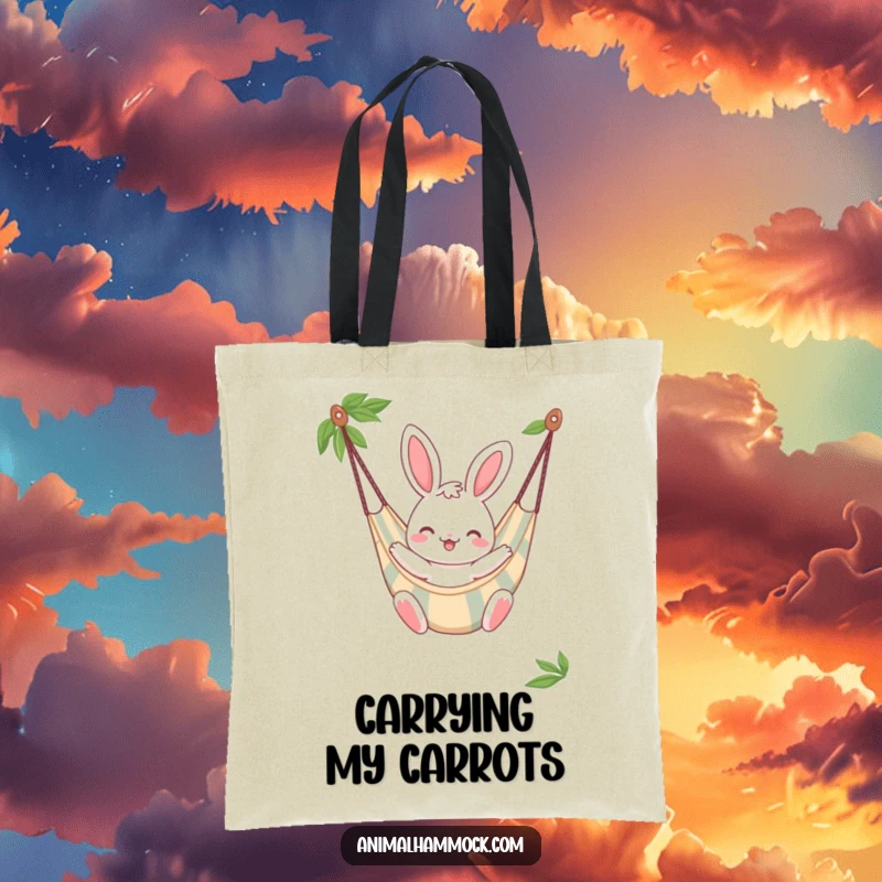 Funny Bunny Tote Bag, a cheerful bunny character bouncing gently in a striped hammock, ready for errands.