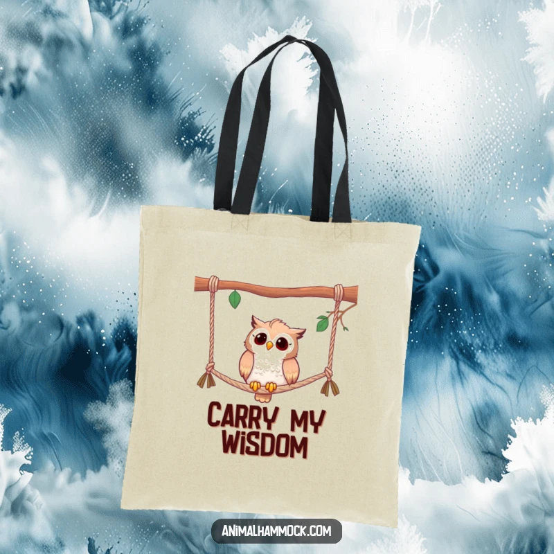 Funny tote bag with a curious owl perched on hammock ropes, conveying a humorous look of contemplation and observation.