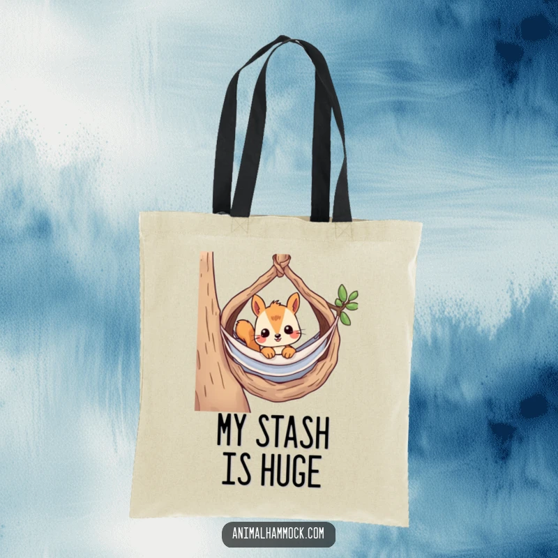 Funny tote bag with a curious squirrel peeking from its hammock inside a cozy nest, perfect for carrying treasures.