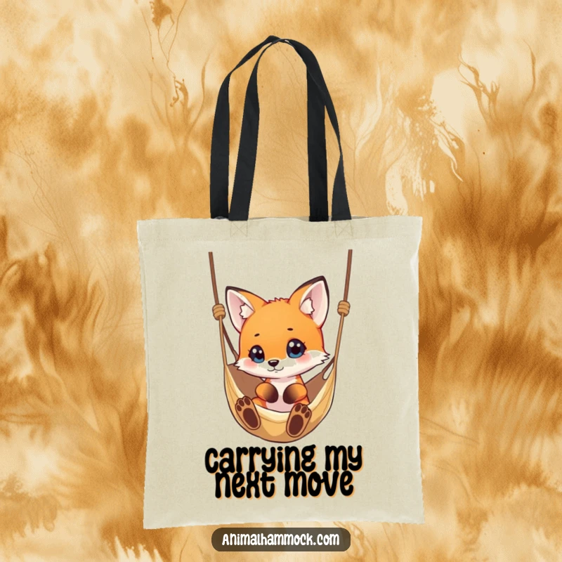 Funny small fox curiously observing a hammock, featured on a durable tote bag for a touch of witty charm.