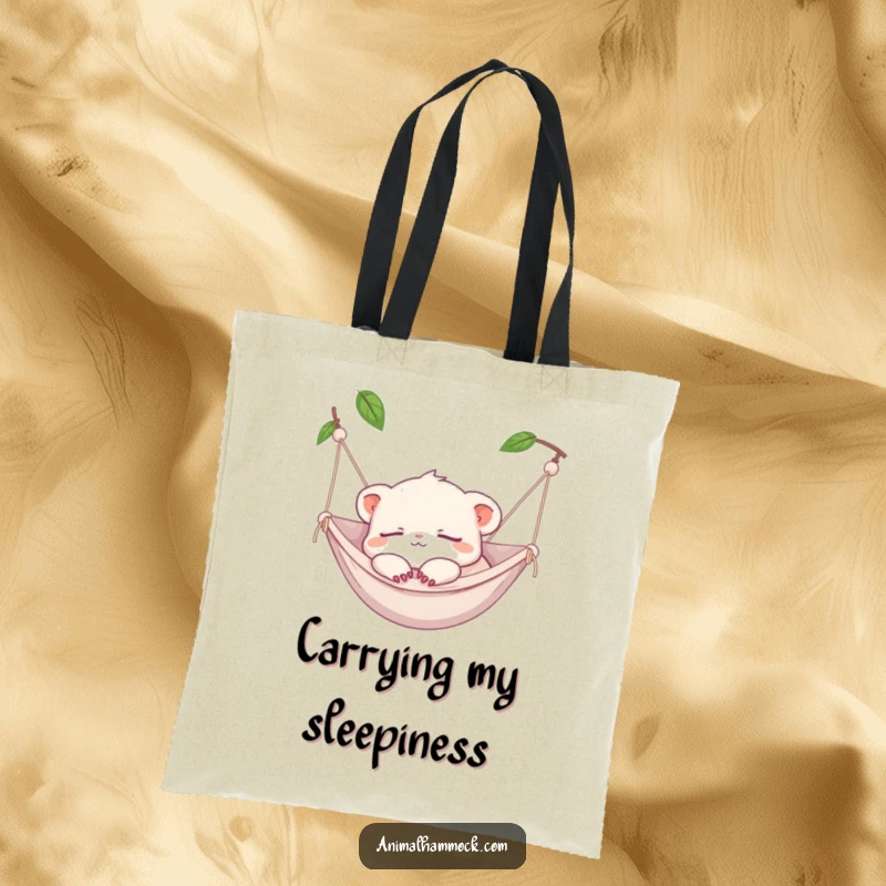 Funny Tote Bag: A tiny creature napping in a hammock, paws dangling, perfect for carrying items with a relaxed vibe.