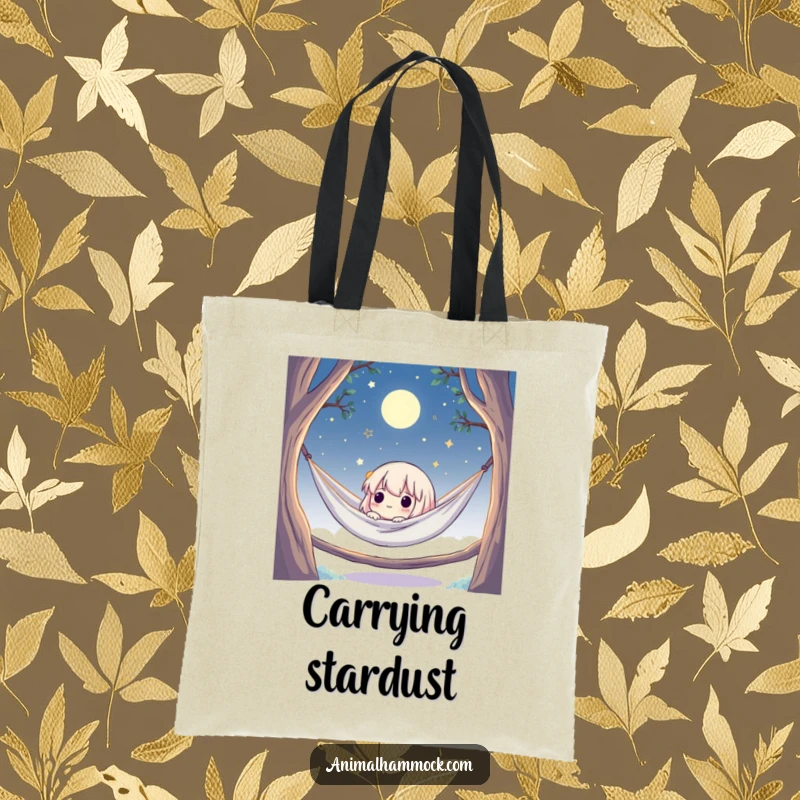 Funny tote bag featuring a cute character in a hammock, gazing at a starry, moonlit sky, ideal for carrying daily necessities with style.