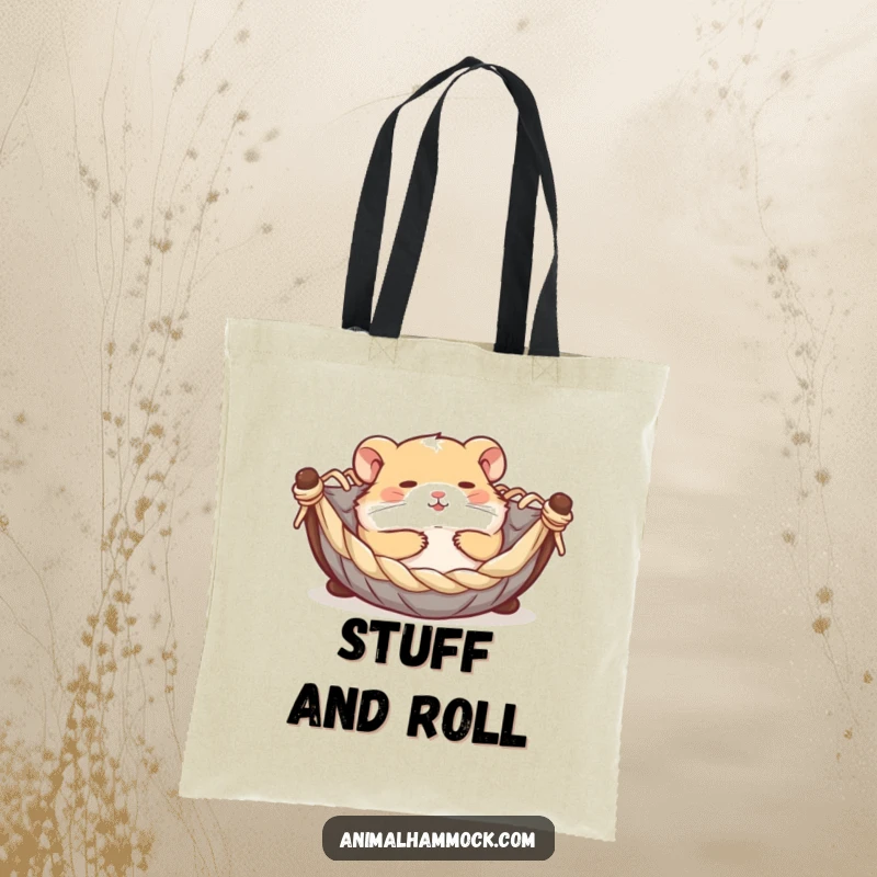 Funny contented hamster rolling joyfully in a miniature hammock, printed on a sturdy tote bag, showcasing a cute and humorous design.