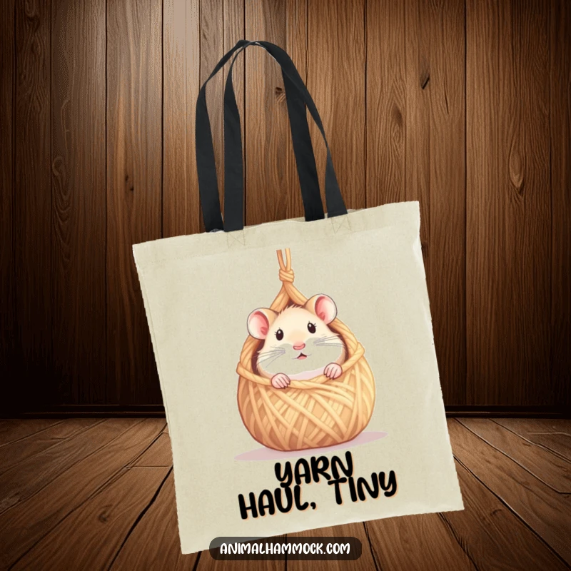 Funny hamster tote bag with a curious hamster peeking from a tiny hammock made of yarn, practical and humorous, an ideal funny gift.