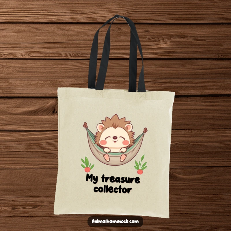 Funny Hedgehog Tote Bag depicting a contented character smiling with closed eyes while relaxing in a hammock, ideal for carrying essentials with humor.