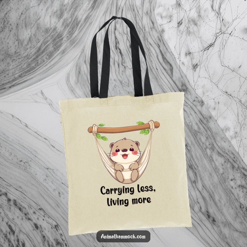 Funny otter tote bag with a happy otter chilling in a hammock, showcasing a delightful and humorous design. A practical and funny accessory.