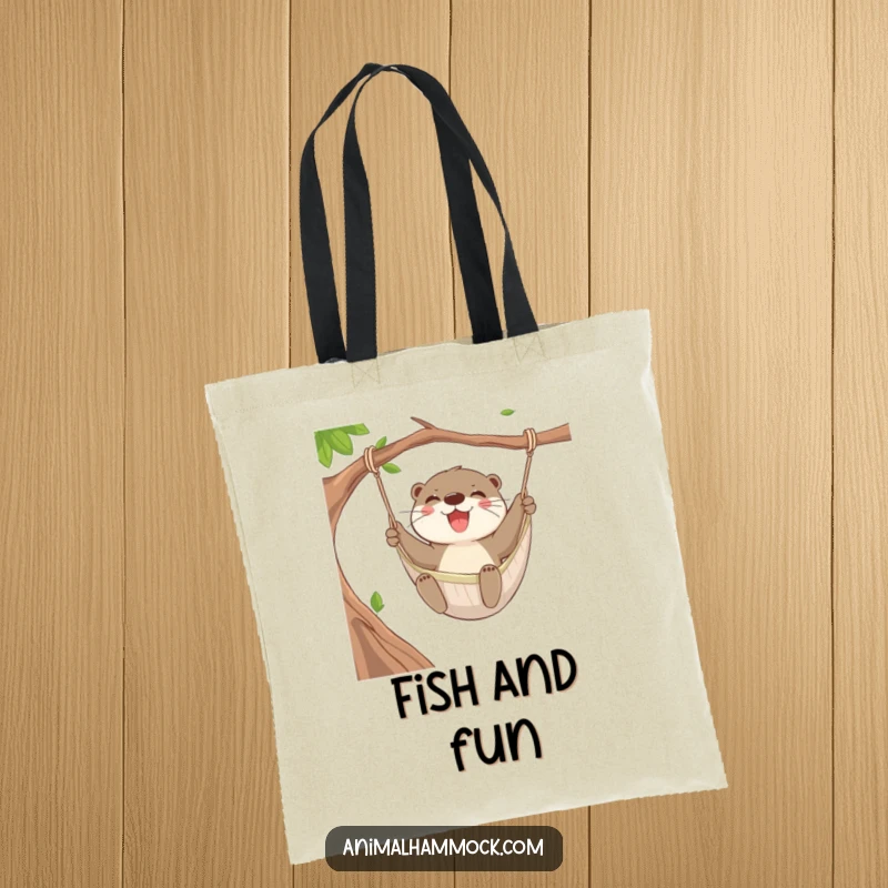 Funny Otter Swing Tote Bag designed with a joyful otter swinging in a hammock, perfect for carrying essentials with aquatic humor.