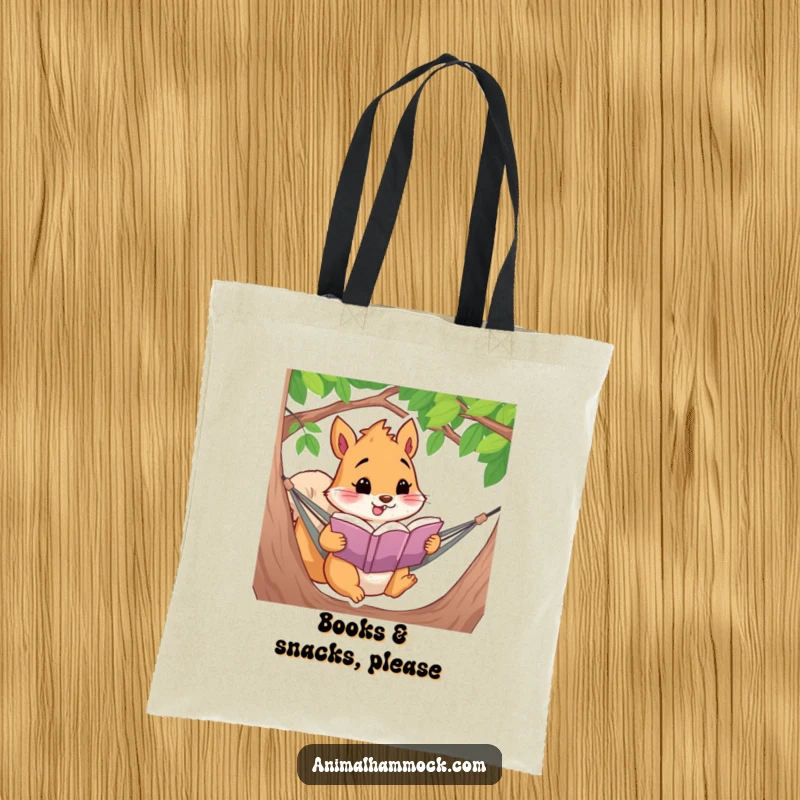 Funny squirrel character engrossed in a book, relaxing in a hammock, depicted on a practical tote bag for book lovers.
