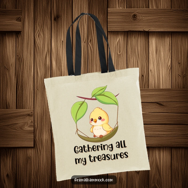 Funny tote bag featuring a happy bird swinging on a leaf hammock, perfect for carrying essentials with a touch of whimsy.