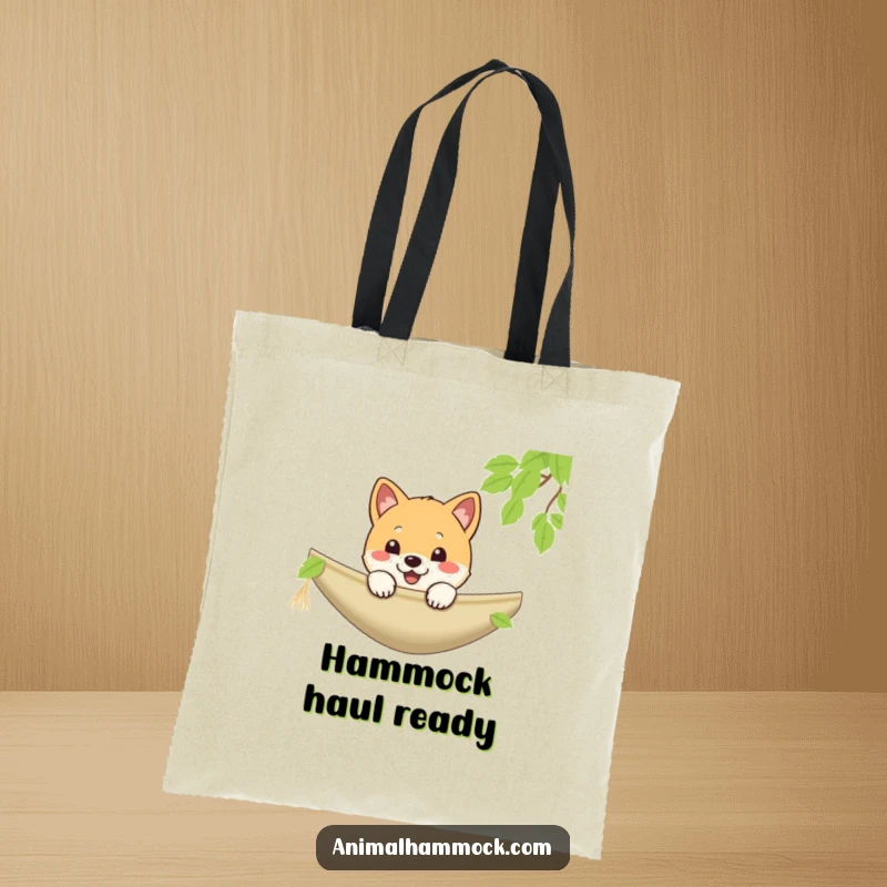Funny Shiba Inu tote bag with a playful puppy cheerfully peeking over a hammock edge, practical and humorous, an ideal funny gift.
