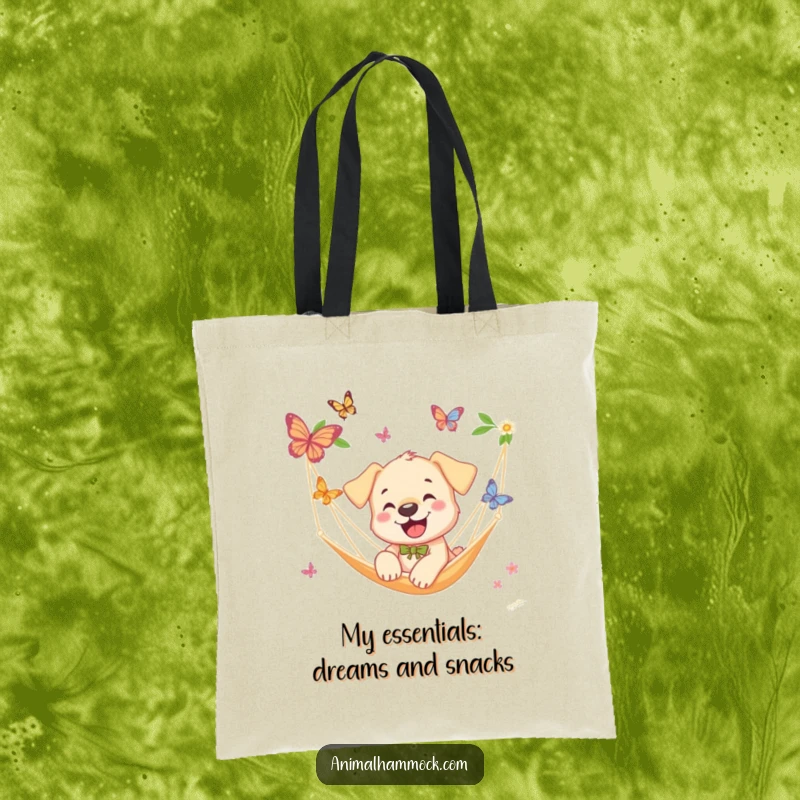 Funny Puppy Tote Bag: A smiling puppy enthusiastically chasing butterflies near a hammock, showcasing comedic adventure and delight, a practical funny gift.